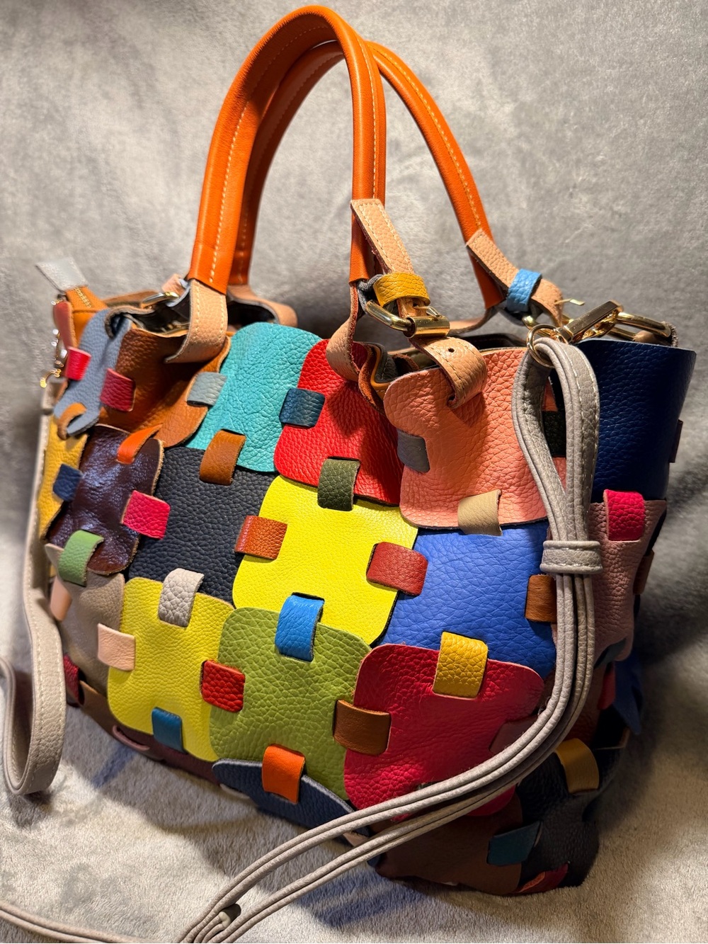 Multicolor Patchwork Genuine Leather Tote Bag - Picture 3 of 12